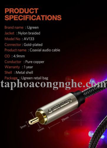 Ugreen 20739 3M màu Xám Cáp âm thanh bông sen Coaxial cao cấp AV133 30020739